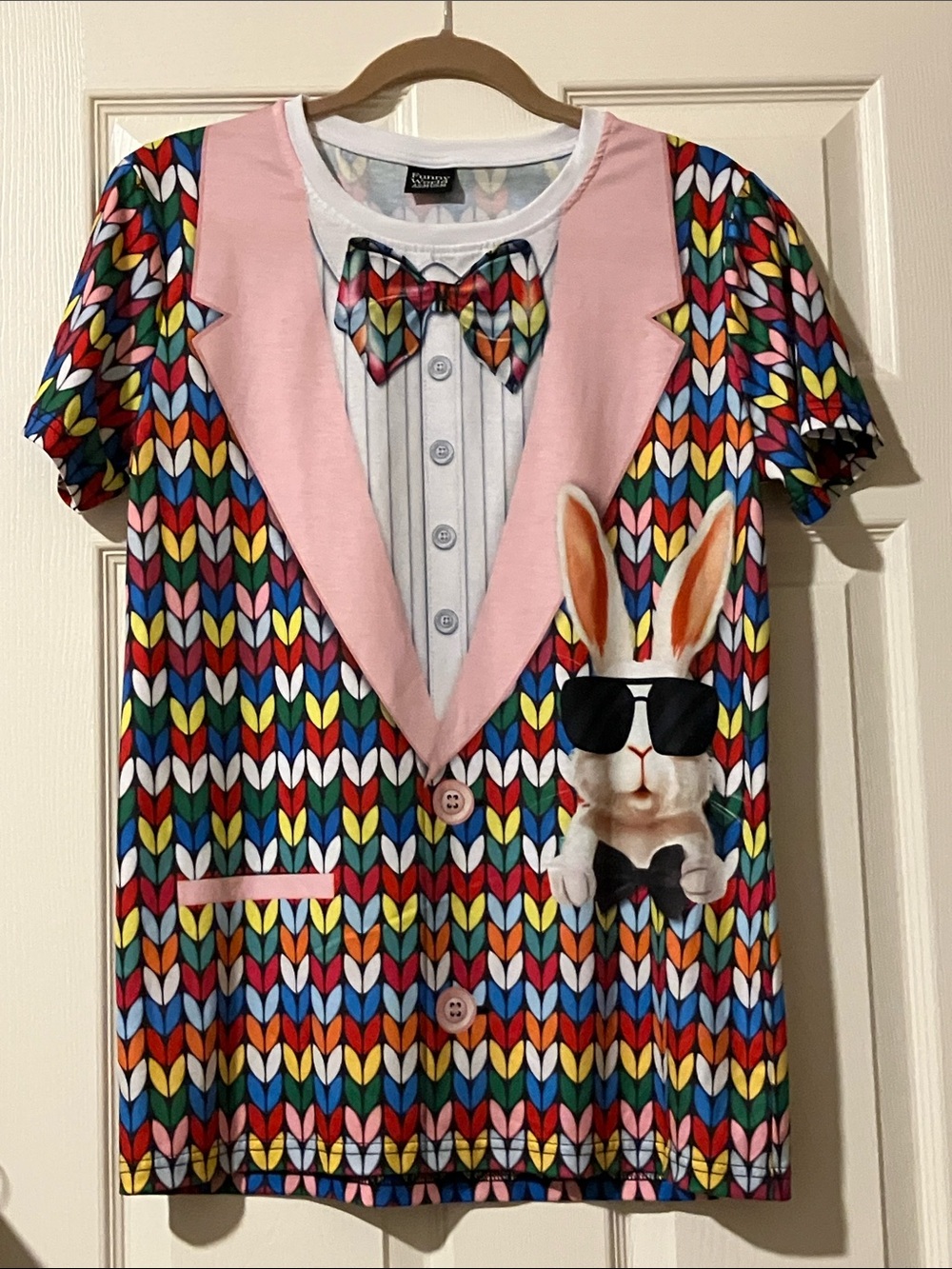 Novelty Short Sleeve Easter Bunny Tuxedo Print Tee - Pink Multicolor - Medium